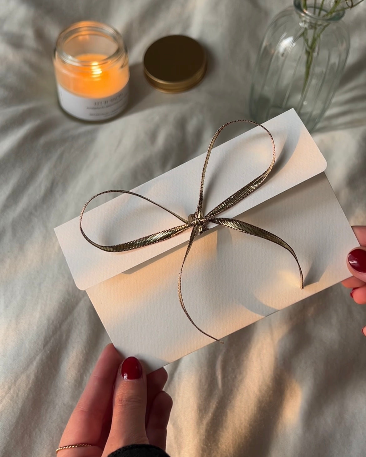 heart + ribbon envelope (gold satin)